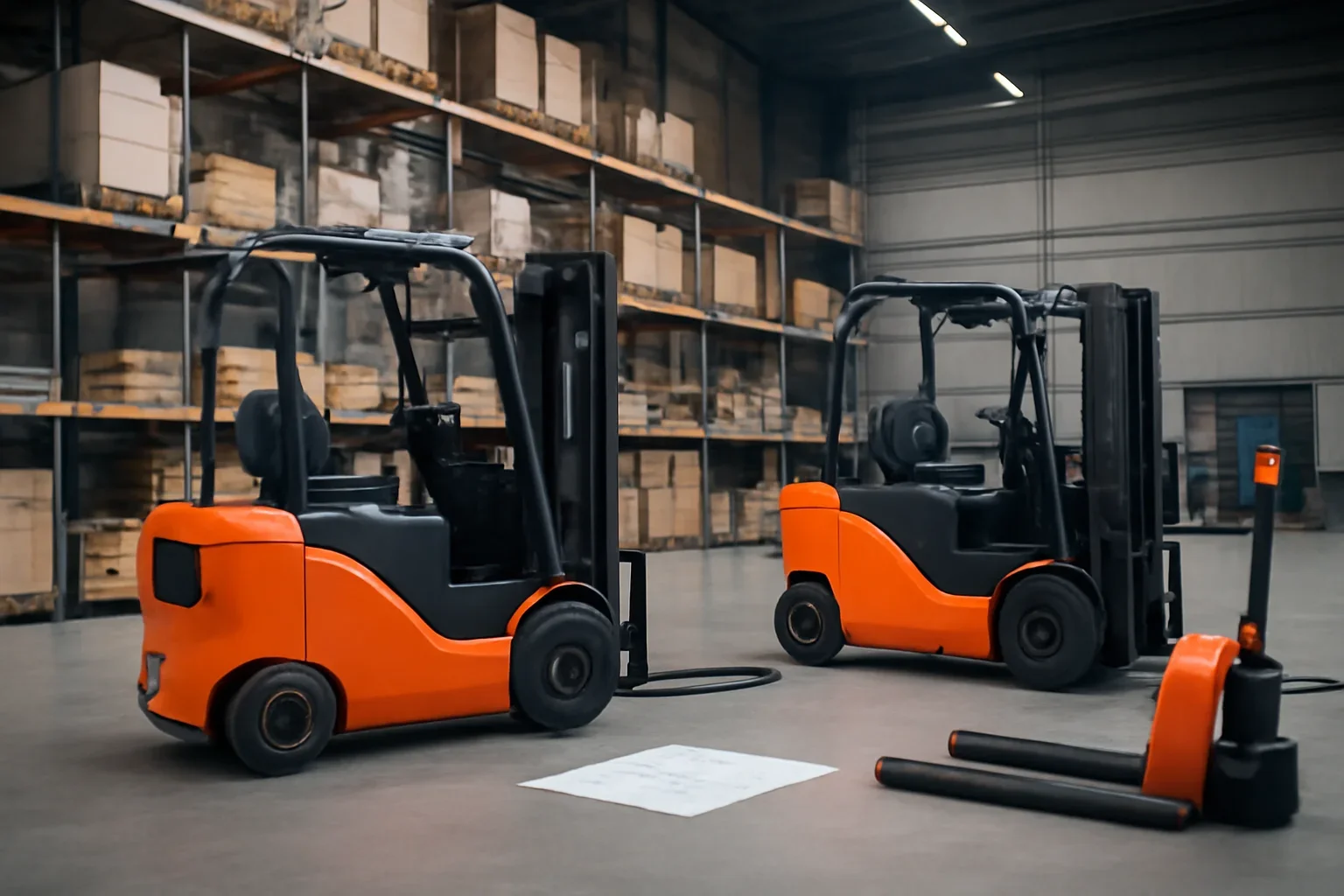 3-wheel electric forklifts planning scene with electric material handling equipment