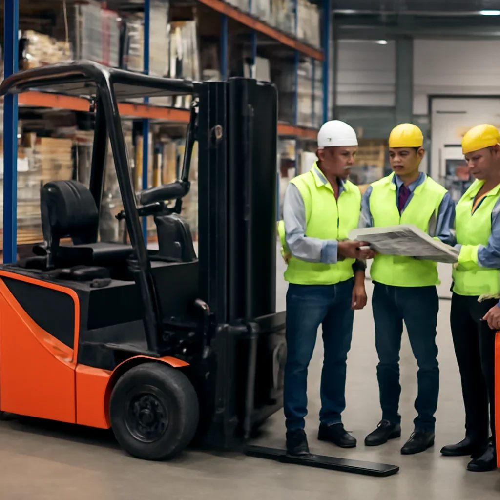 Warehouse team reviewing 3-wheel electric forklifts details beside electric forklift equipment