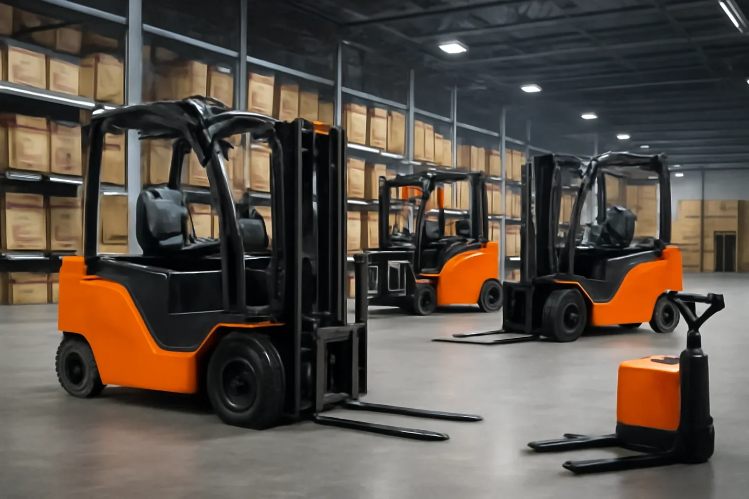 4-wheel electric forklifts planning scene with electric material handling equipment