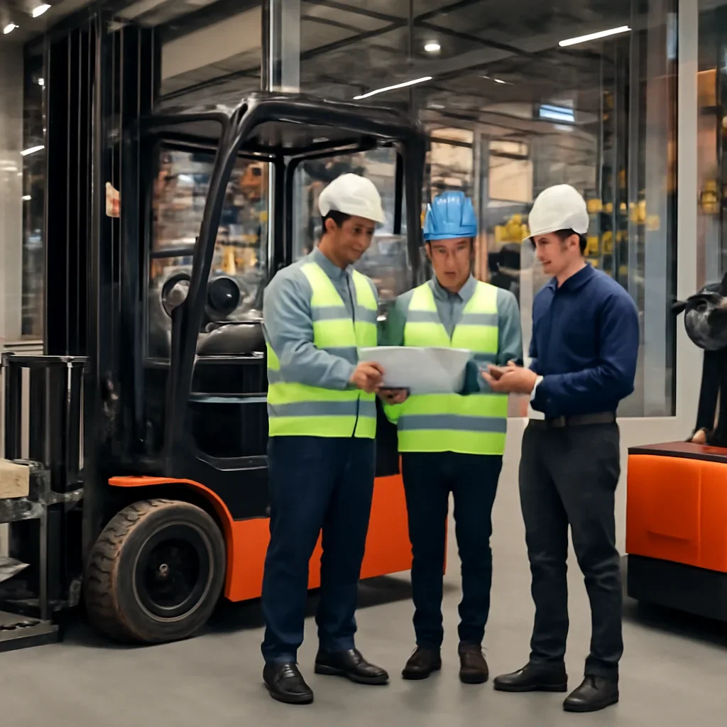 Warehouse team reviewing 4-wheel electric forklifts details beside electric forklift equipment