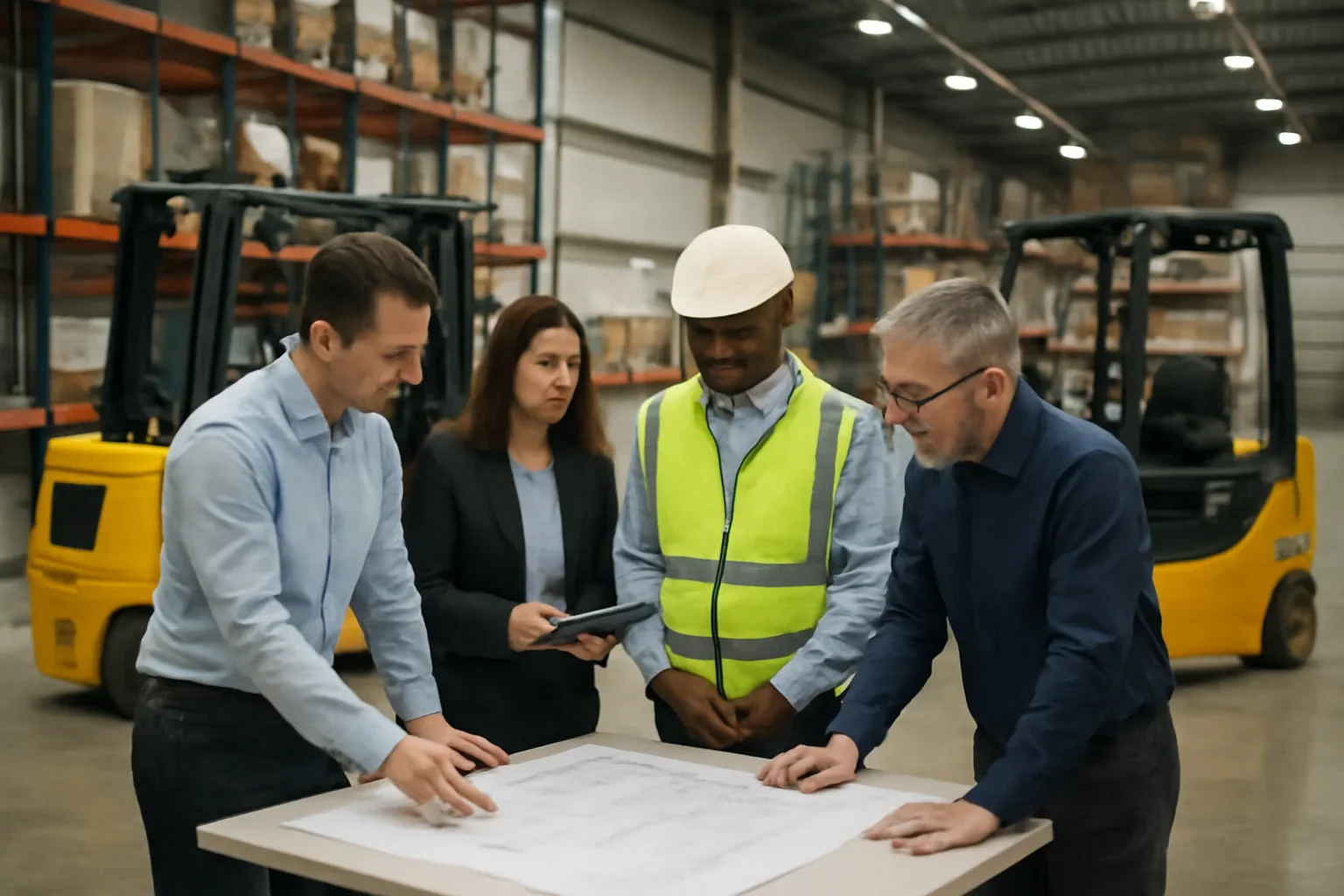 Team planning electric forklift support for Houston operations