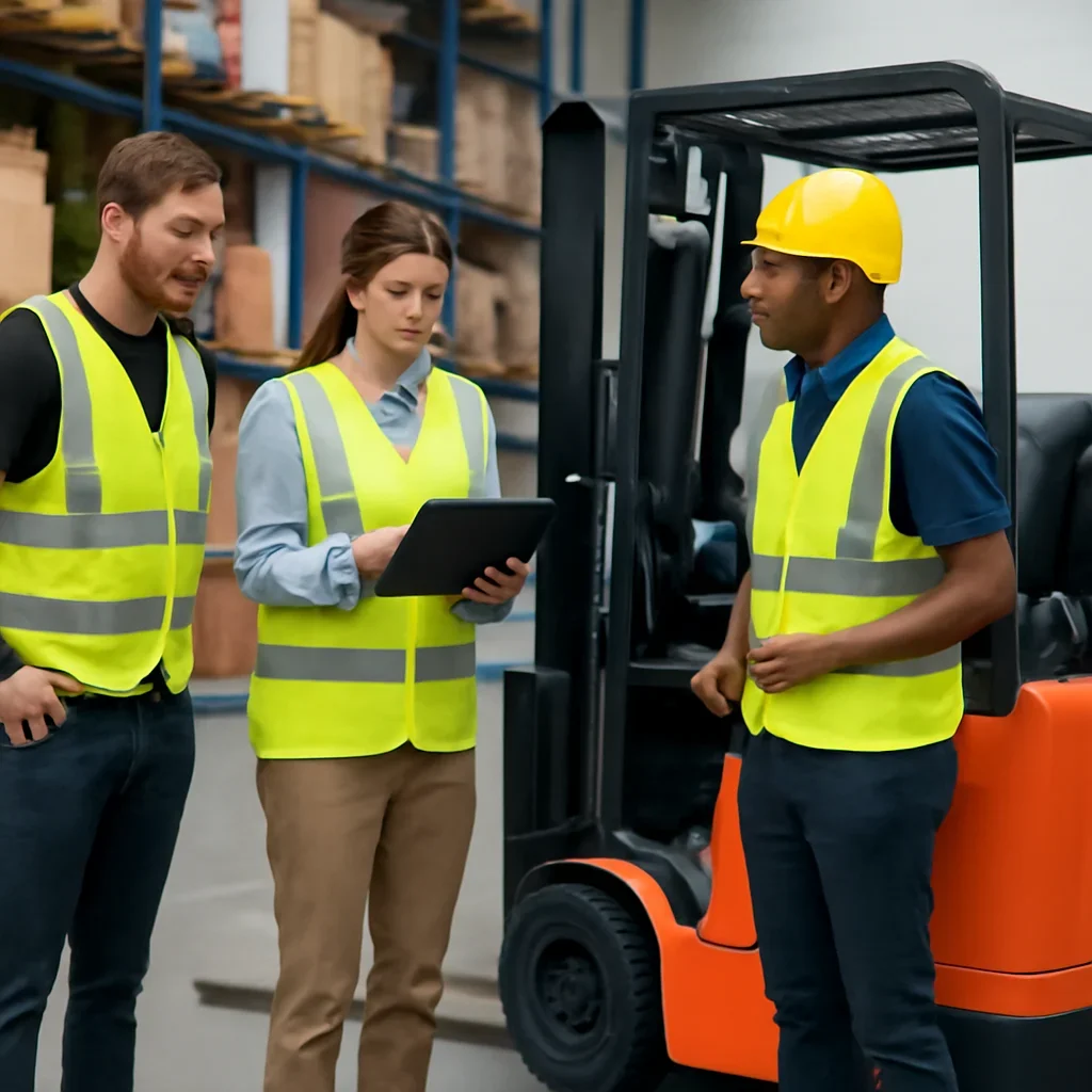 Warehouse team reviewing about details beside electric forklift equipment