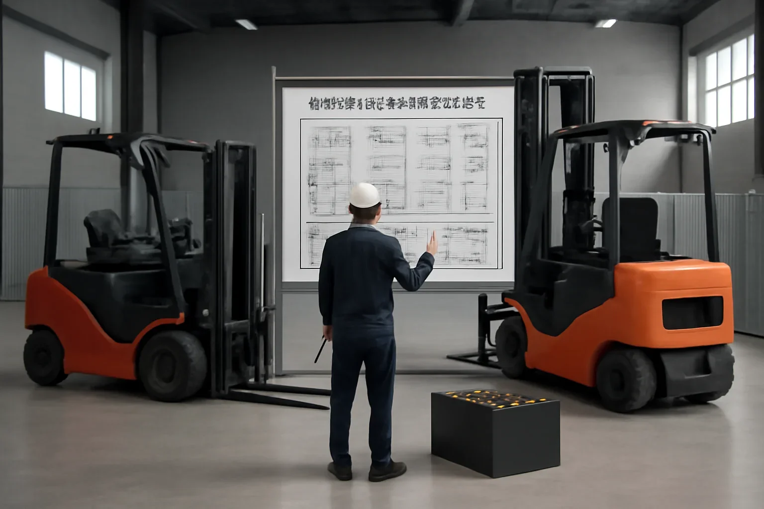 Battery room solutions planning scene with electric material handling equipment