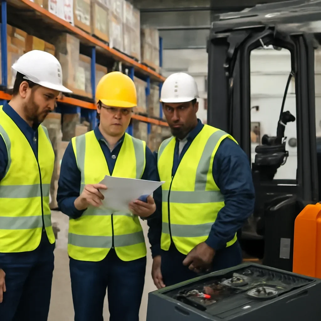 Warehouse team reviewing battery room solutions details beside electric forklift equipment
