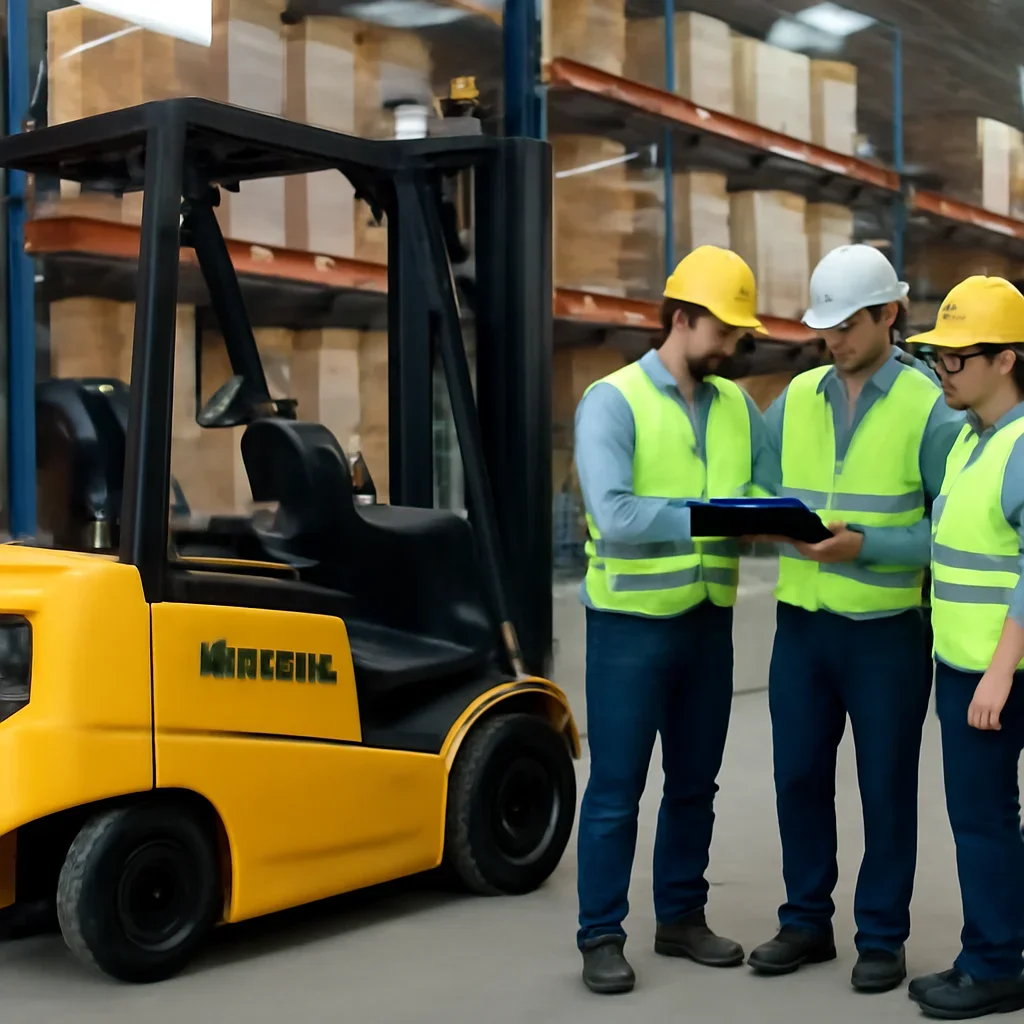 Warehouse team reviewing baytown electric forklifts details beside electric forklift equipment
