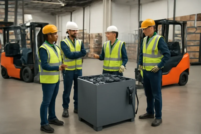 Battery room safety basics for warehouse teams planning scene with electric material handling equipment