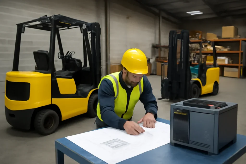 Common forklift battery charger mistakes planning scene with electric material handling equipment