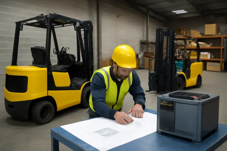 Common forklift battery charger mistakes planning scene with electric material handling equipment