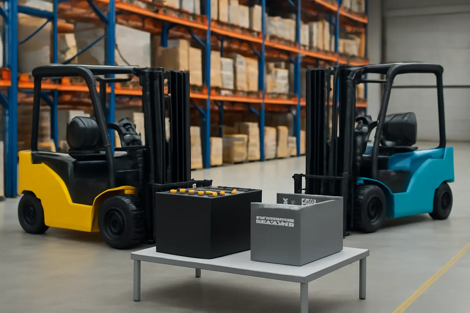 Lead-acid vs lithium-ion forklift batteries planning scene with electric material handling equipment