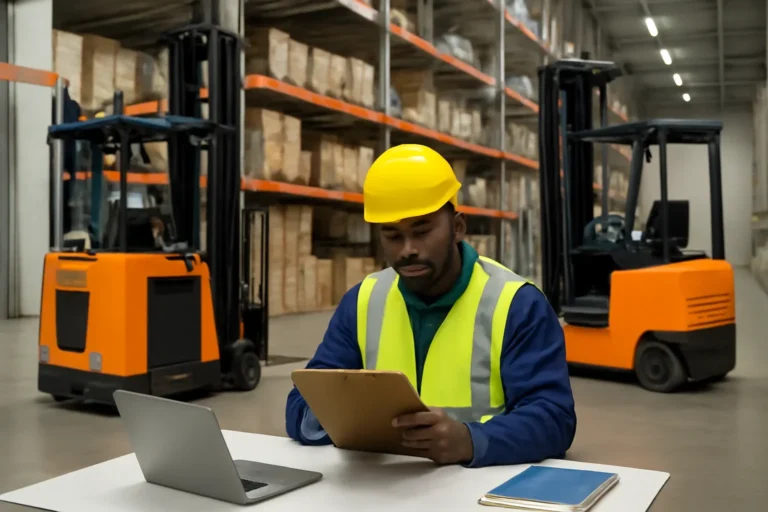 Order picker safety and productivity tips planning scene with electric material handling equipment