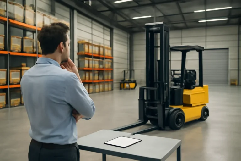 Questions to ask before buying a used reach truck planning scene with electric material handling equipment