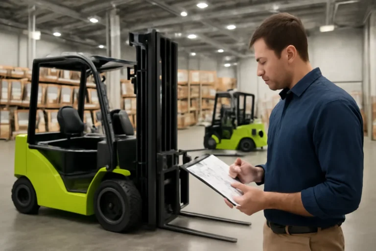 Used electric forklift buying checklist planning scene with electric material handling equipment