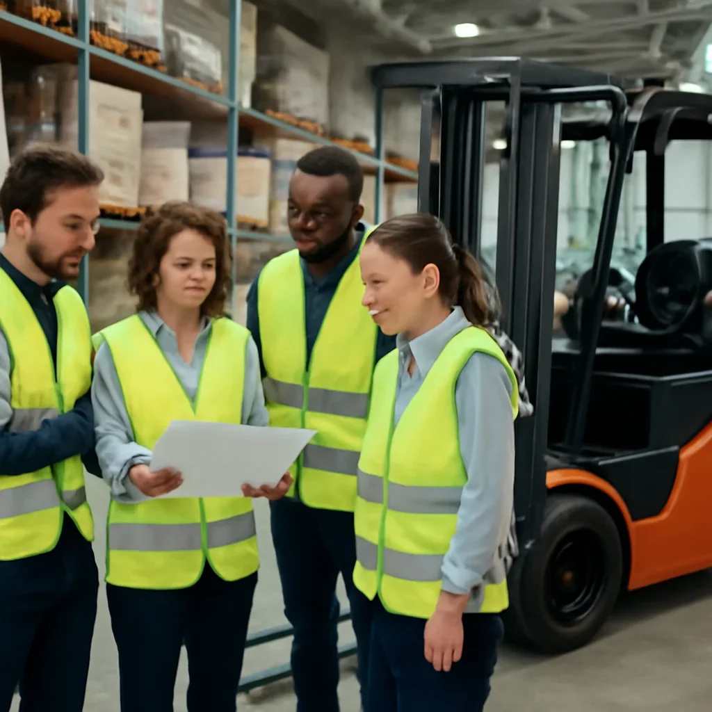 Warehouse team reviewing case studies details beside electric forklift equipment
