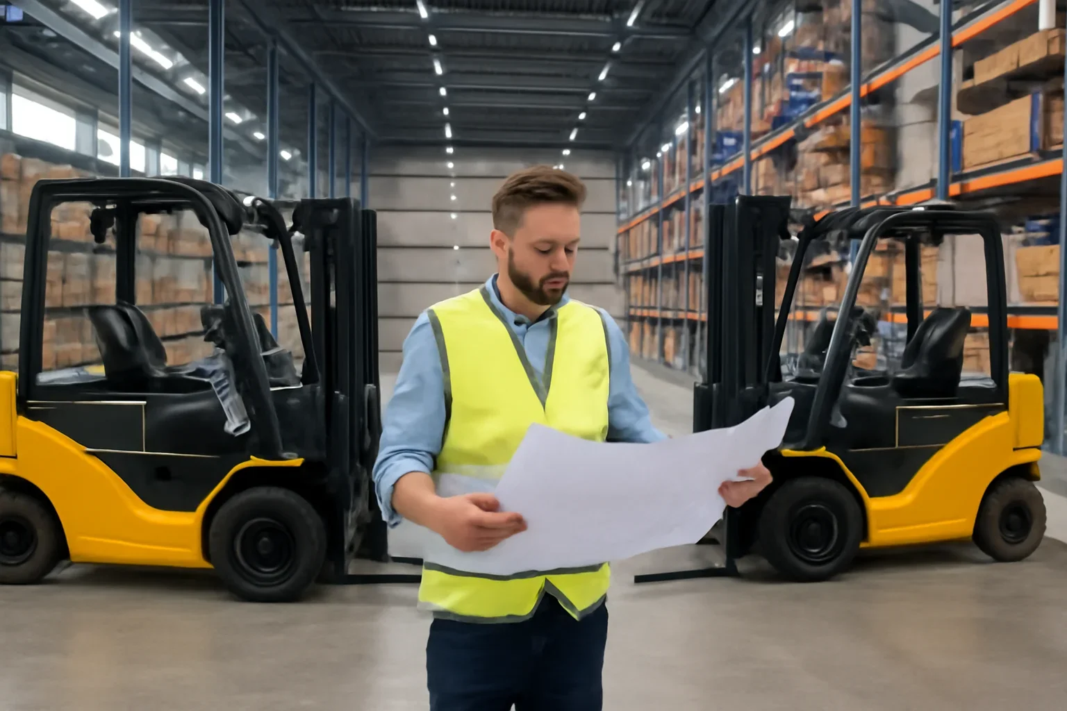 Electric vs diesel forklifts planning scene with electric material handling equipment