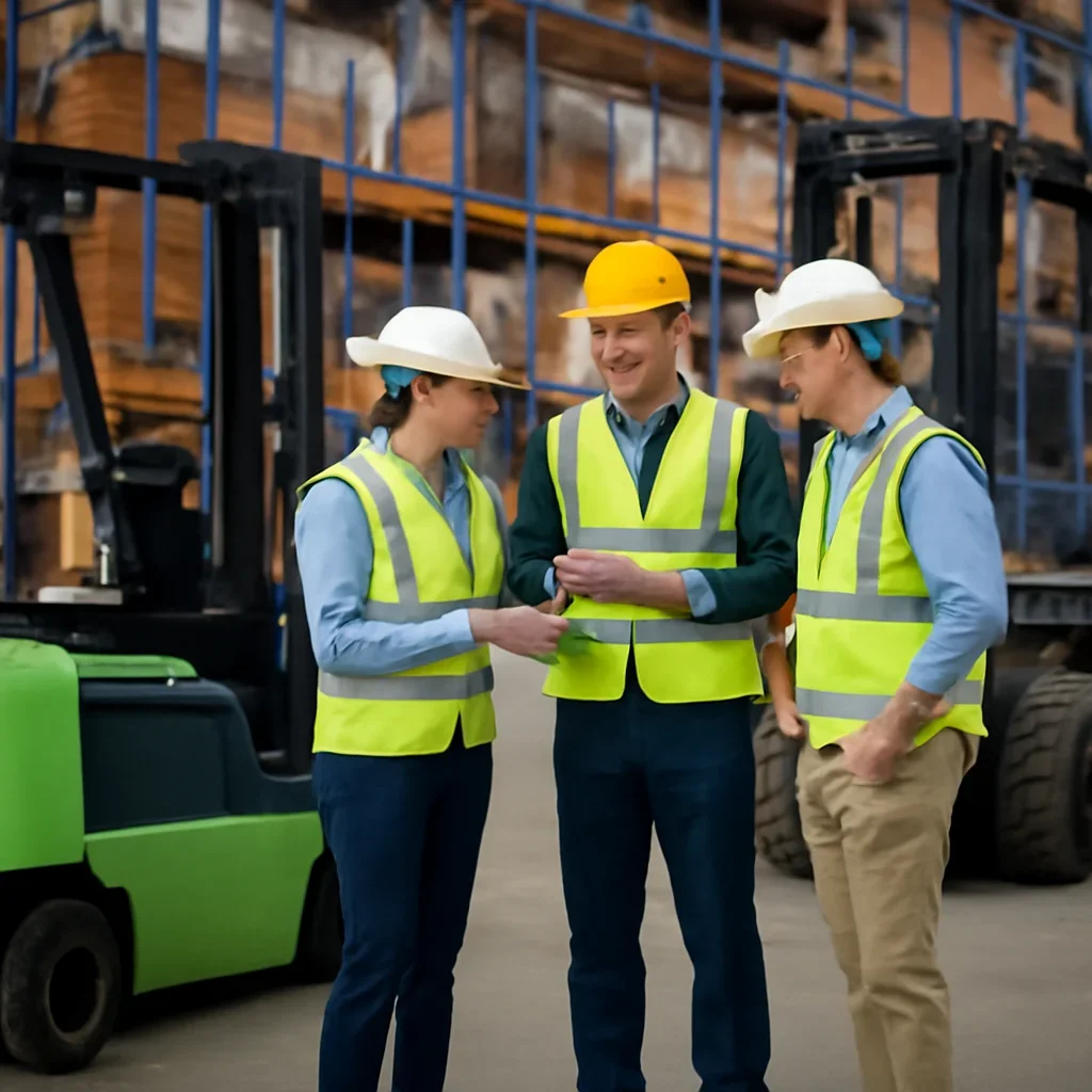 Warehouse team reviewing electric vs diesel forklifts details beside electric forklift equipment