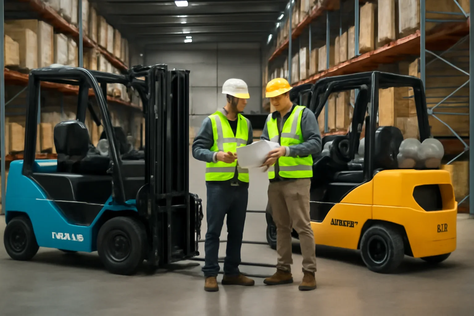 Electric vs propane forklifts planning scene with electric material handling equipment