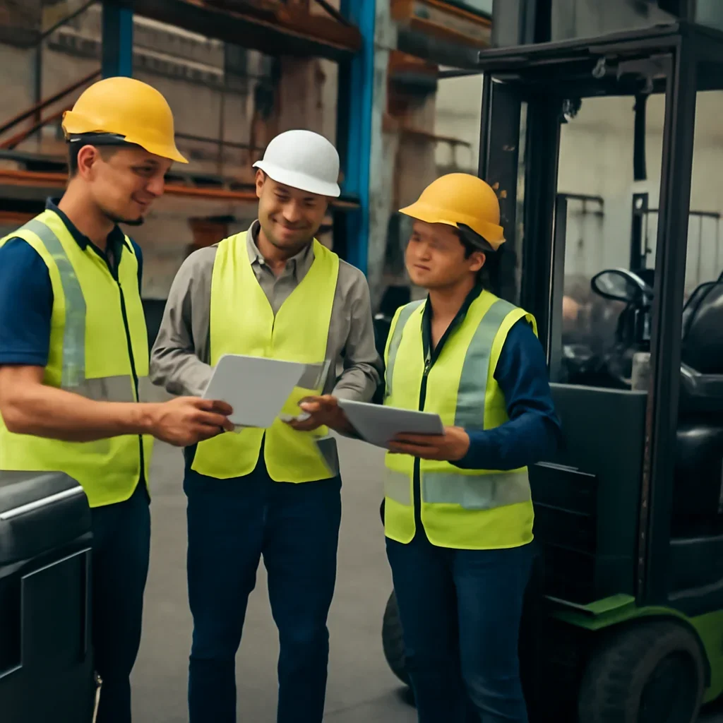 Warehouse team reviewing electric vs propane forklifts details beside electric forklift equipment