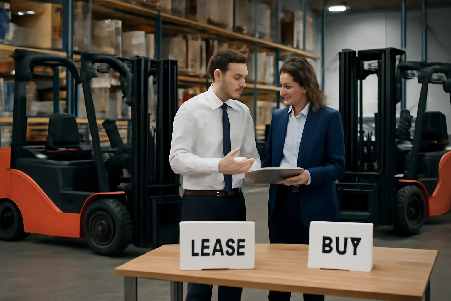 Lease vs buy forklift planning scene with electric material handling equipment