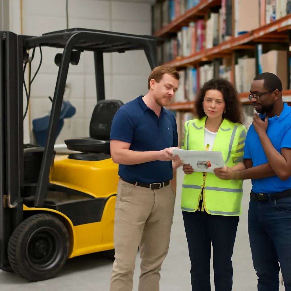 Warehouse team reviewing lease vs buy forklift details beside electric forklift equipment