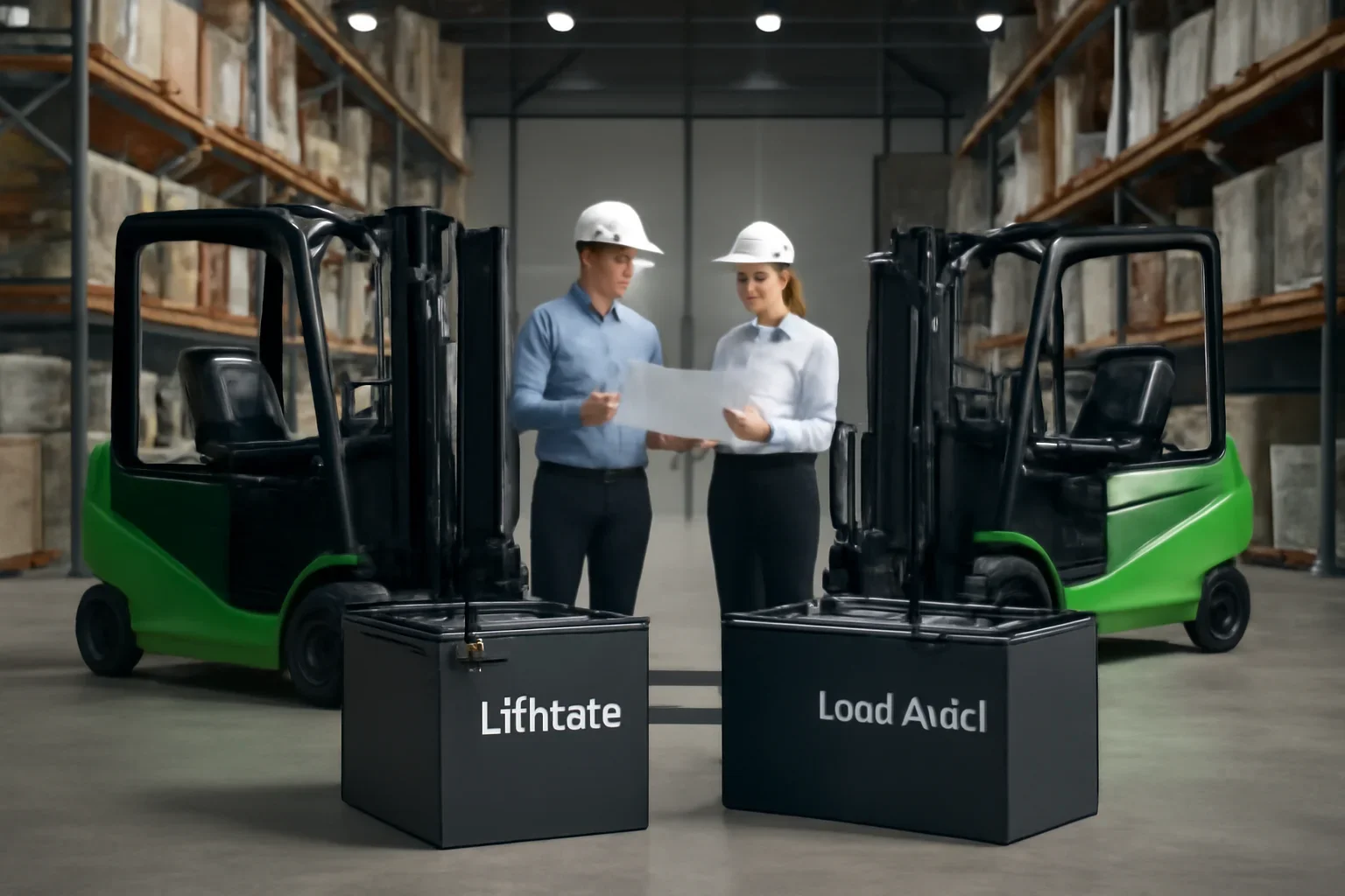 Lithium vs lead-acid forklift batteries planning scene with electric material handling equipment