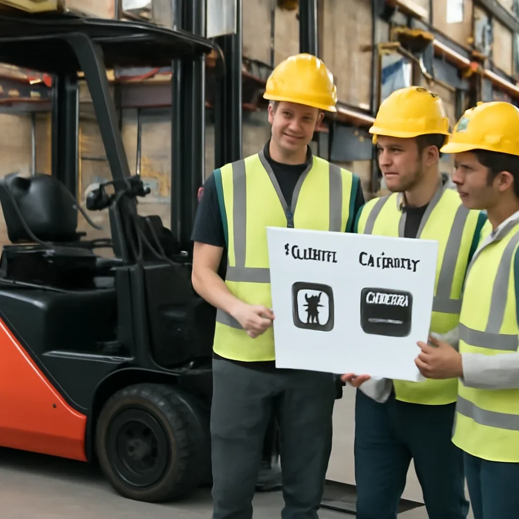 Warehouse team reviewing lithium vs lead-acid forklift batteries details beside electric forklift equipment