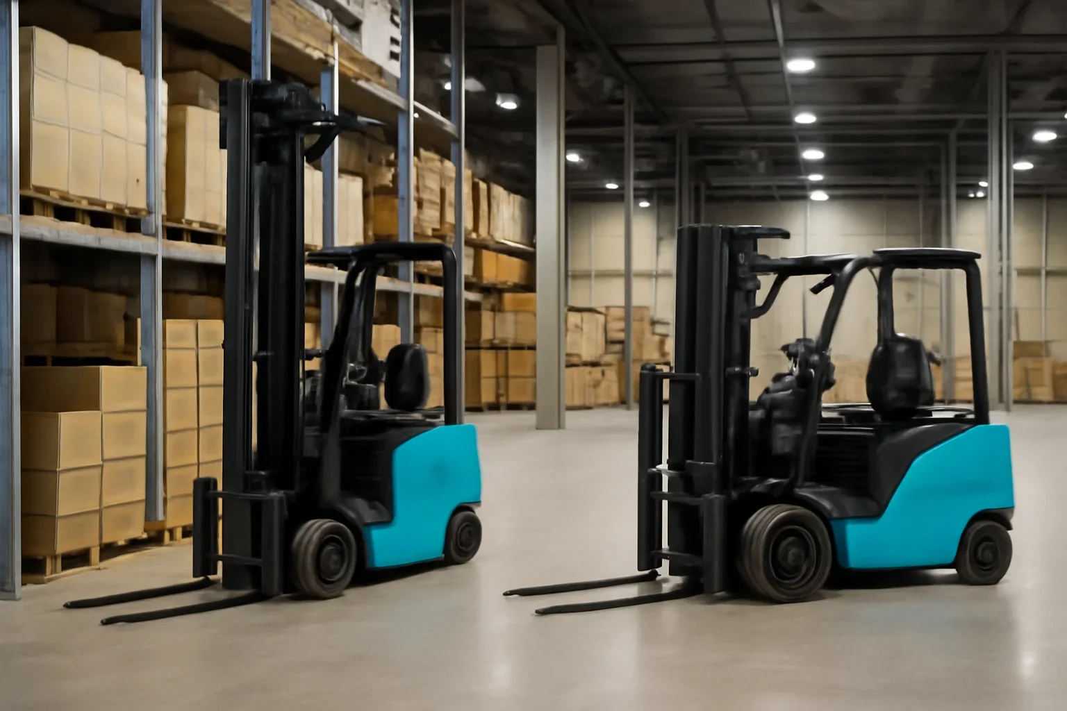 Reach truck vs counterbalance forklift planning scene with electric material handling equipment