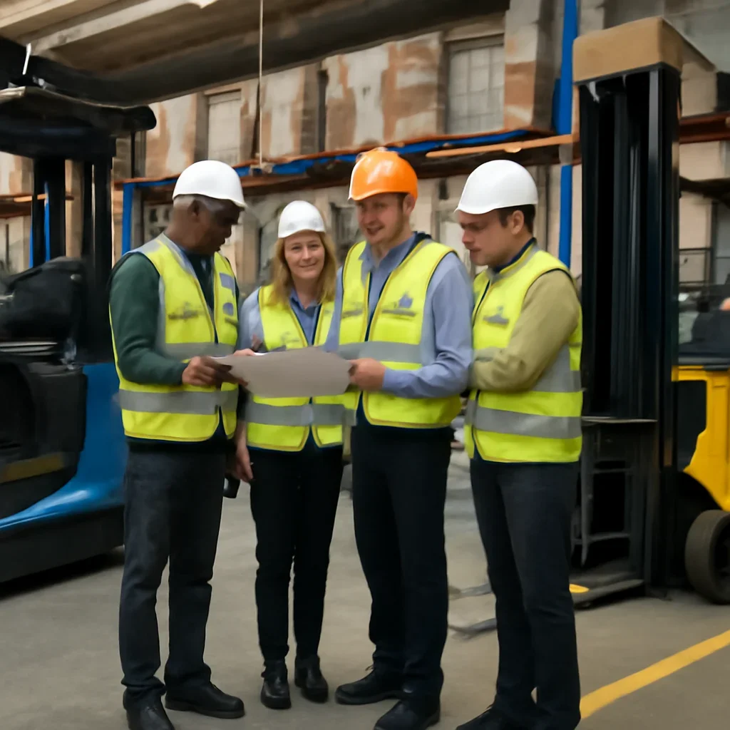 Warehouse team reviewing reach truck vs counterbalance forklift details beside electric forklift equipment