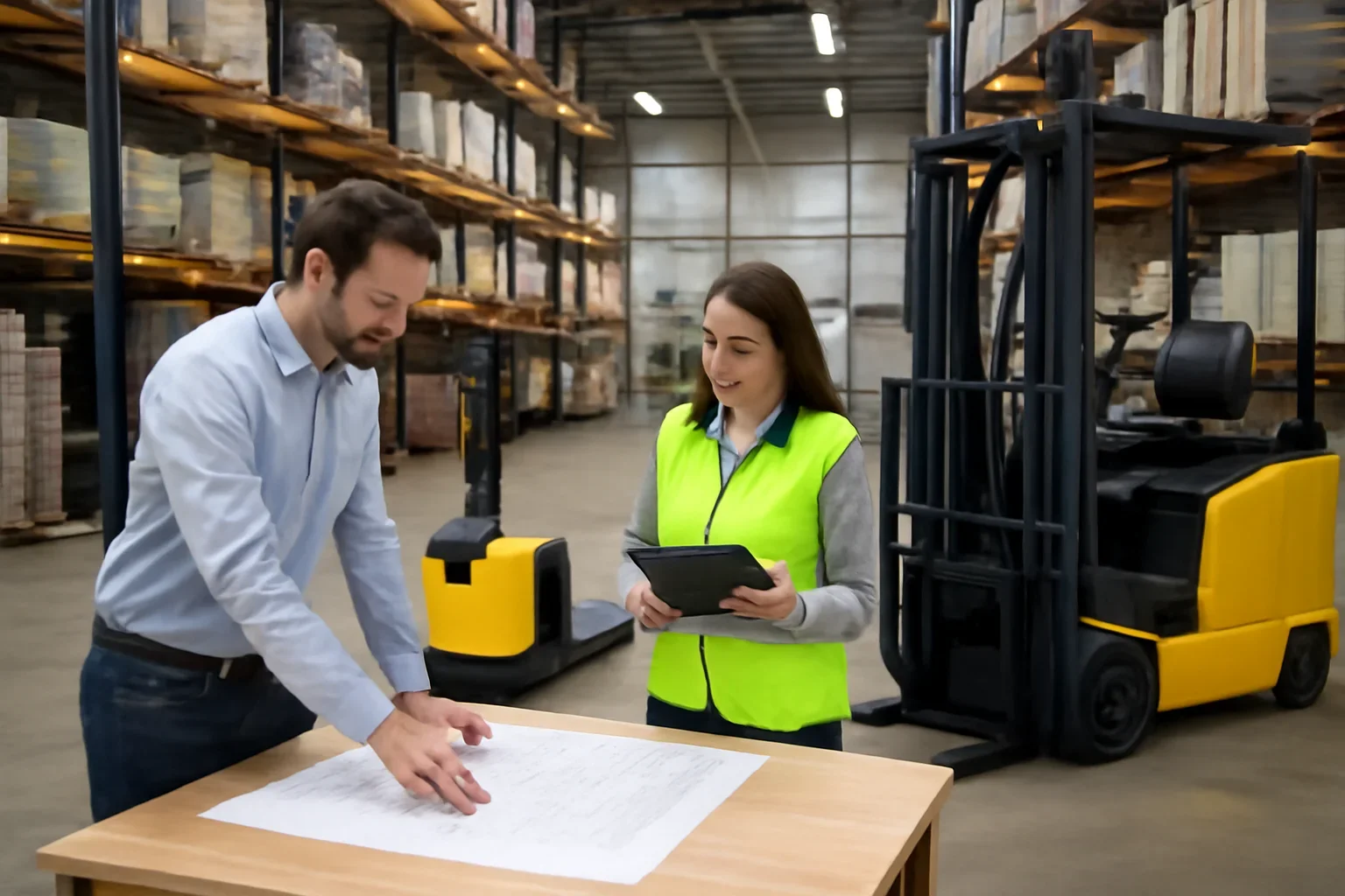 Delivery planning scene with electric material handling equipment