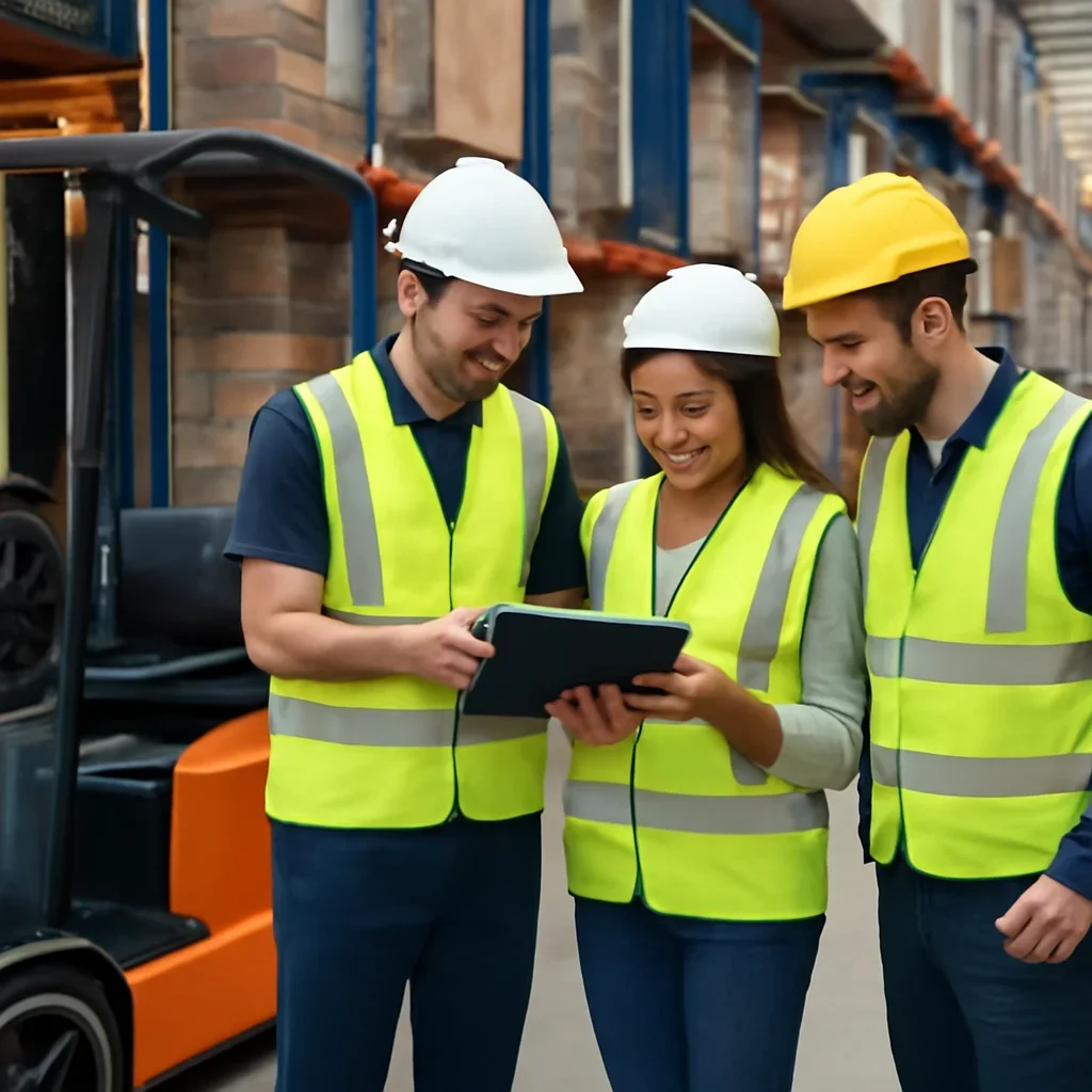 Warehouse team reviewing delivery details beside electric forklift equipment