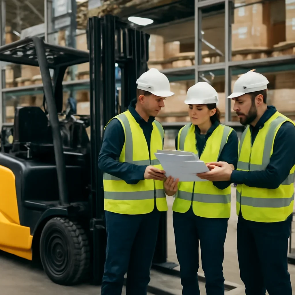 Warehouse team reviewing electric counterbalance forklifts details beside electric forklift equipment