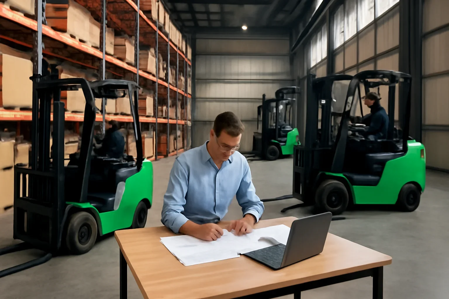 Electric forklift leasing planning scene with electric material handling equipment