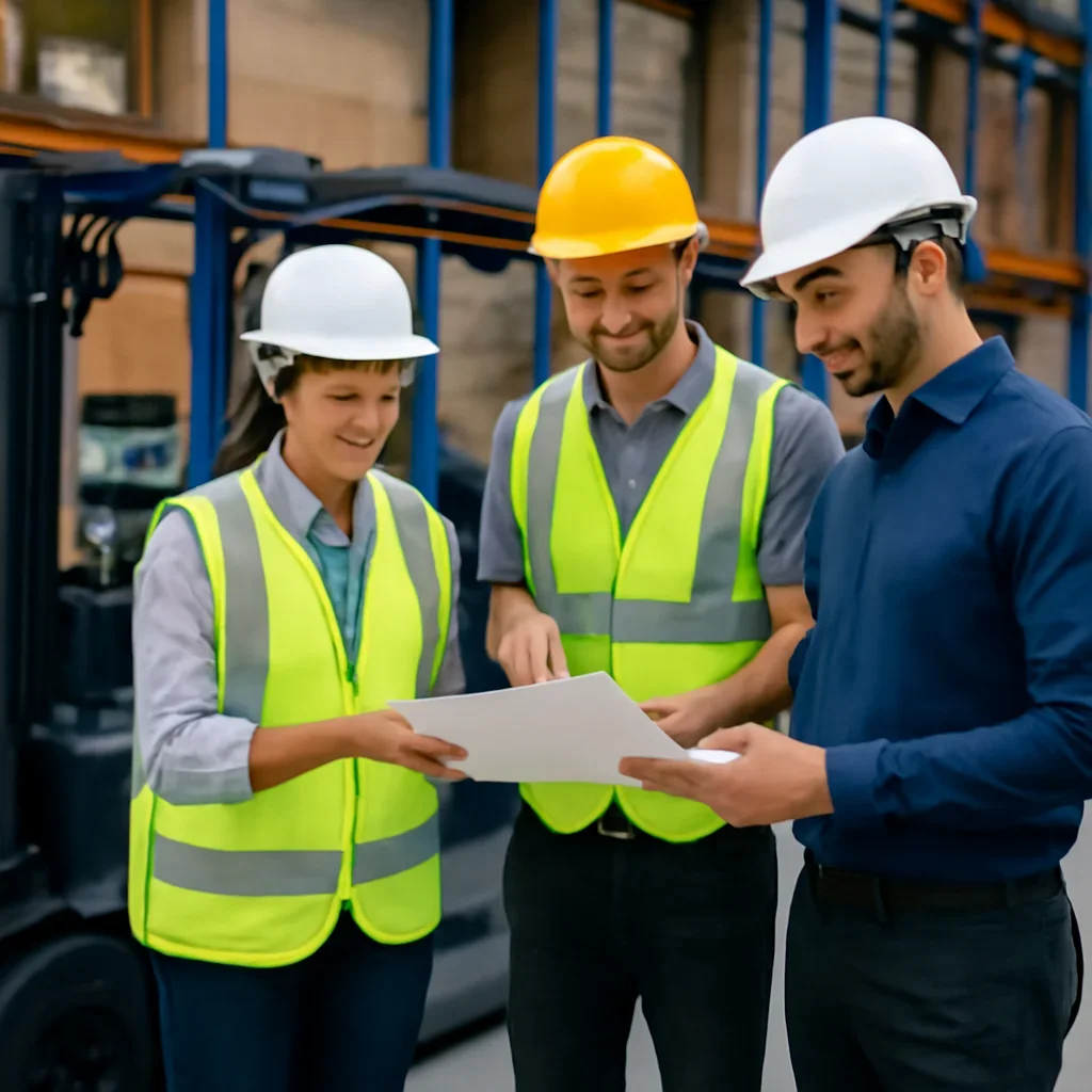 Warehouse team reviewing electric forklift leasing details beside electric forklift equipment
