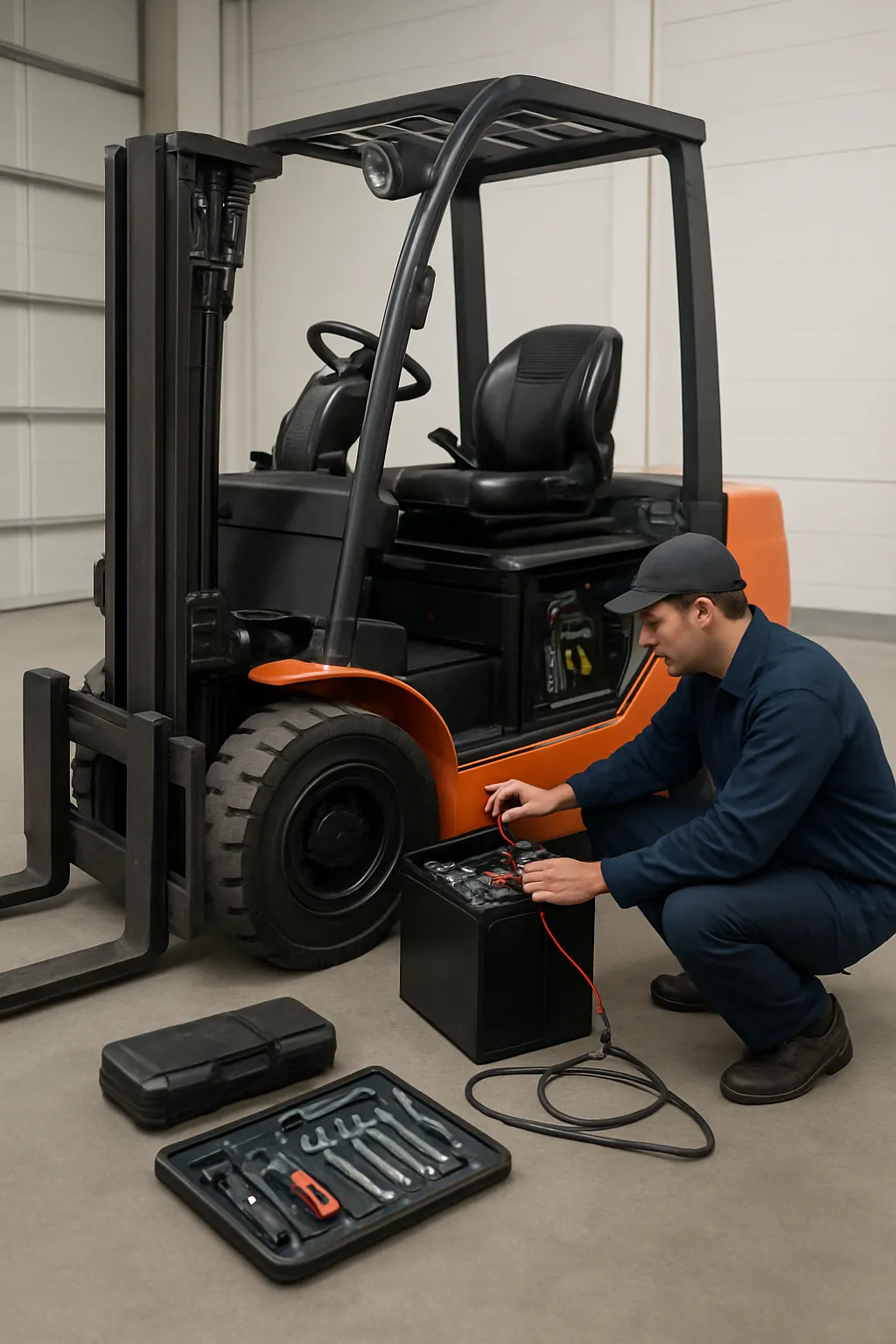 Technician maintaining an electric forklift in a warehouse service area