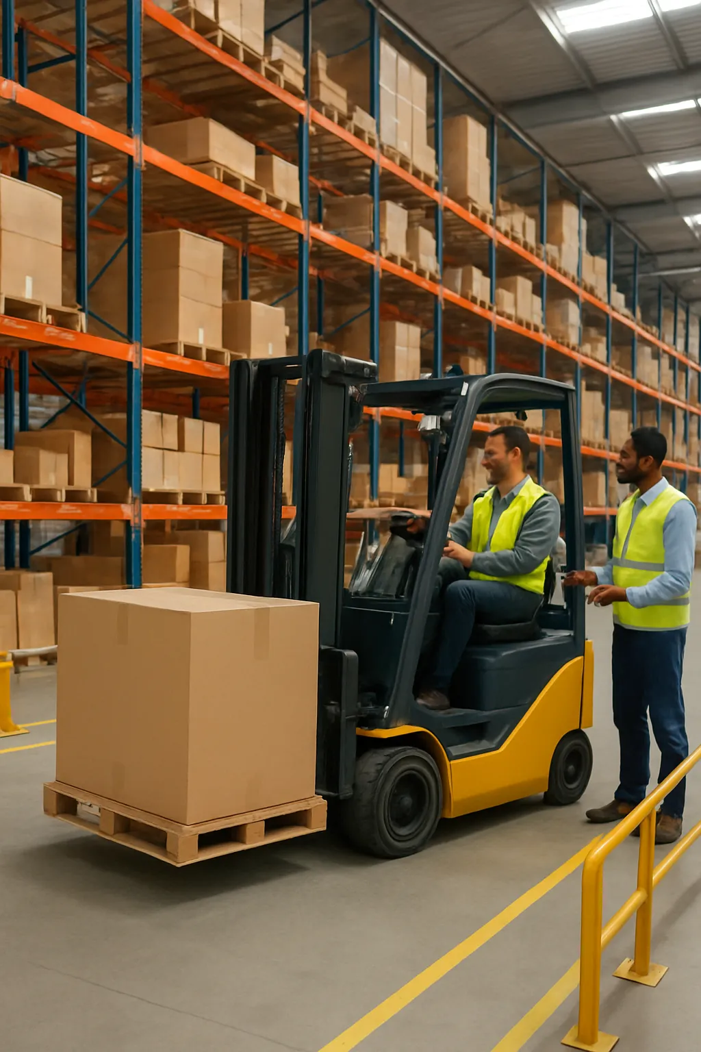 Quiet electric forklift working near warehouse employees