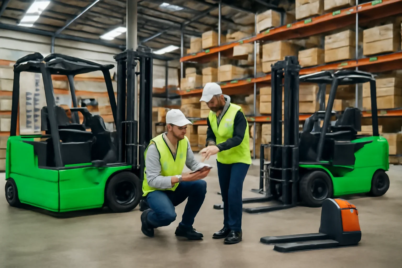 Electric forklift rentals planning scene with electric material handling equipment