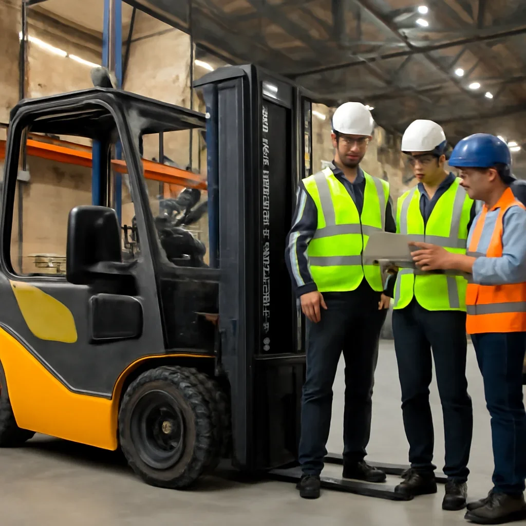 Warehouse team reviewing electric forklift rentals details beside electric forklift equipment