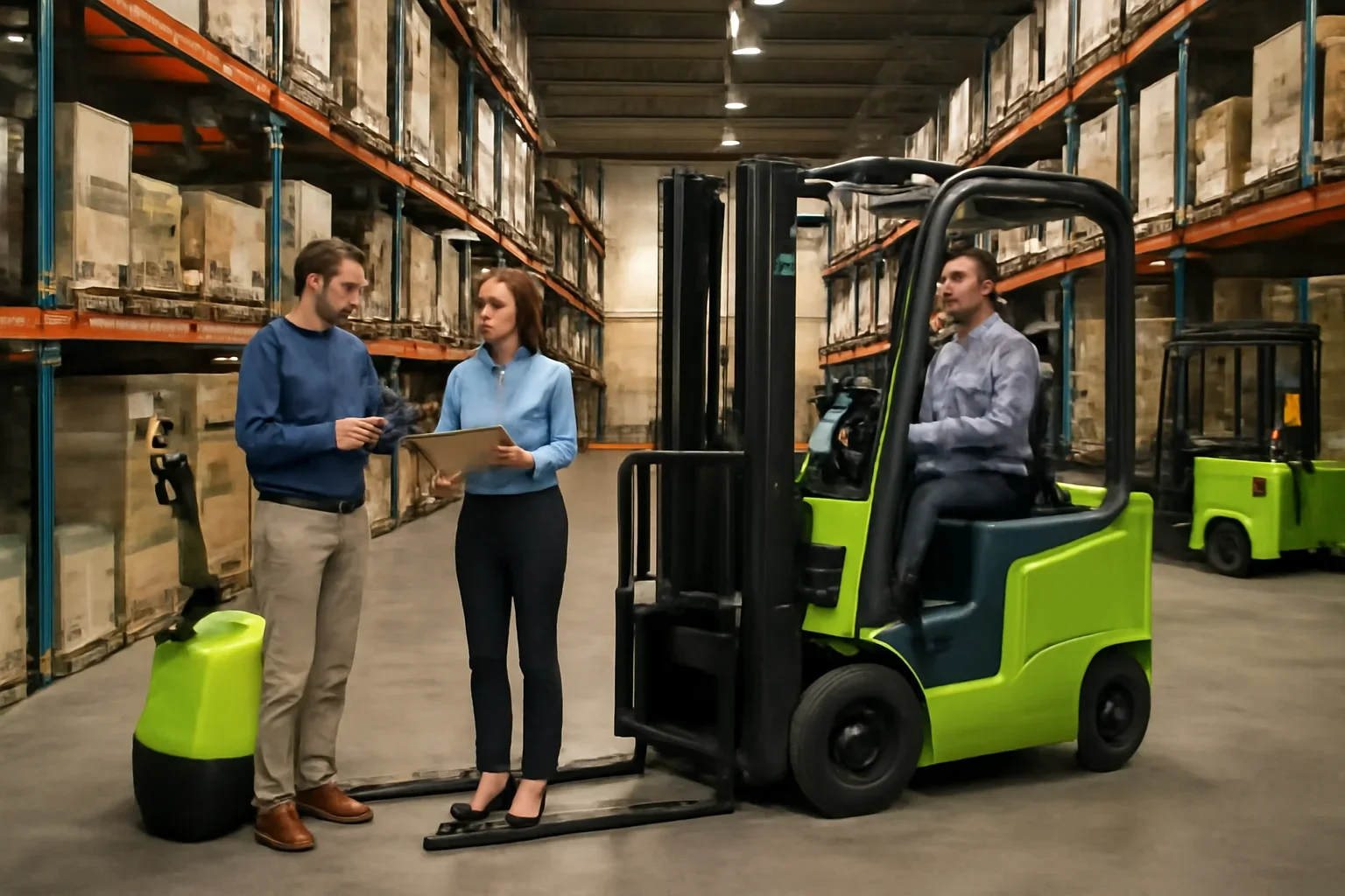 Electric forklift sales planning scene with electric material handling equipment