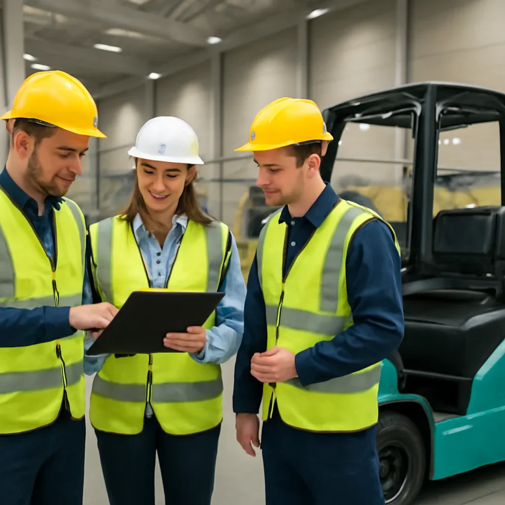 Warehouse team reviewing electric forklift sales details beside electric forklift equipment