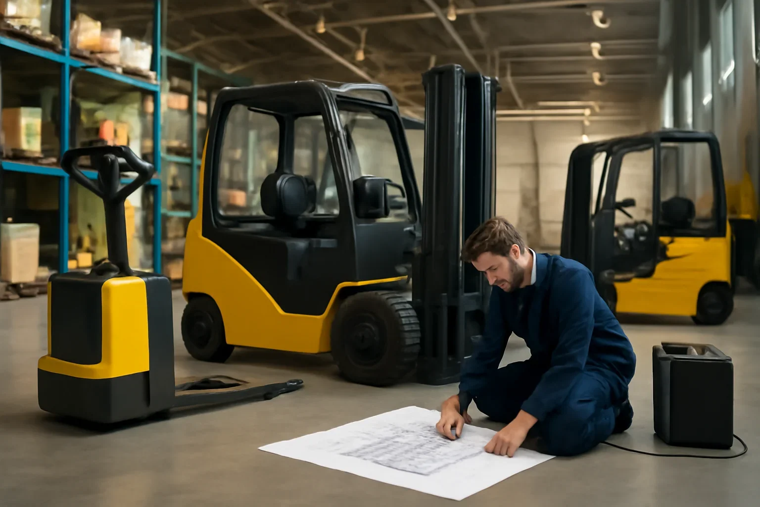 Electric forklift service planning scene with electric material handling equipment