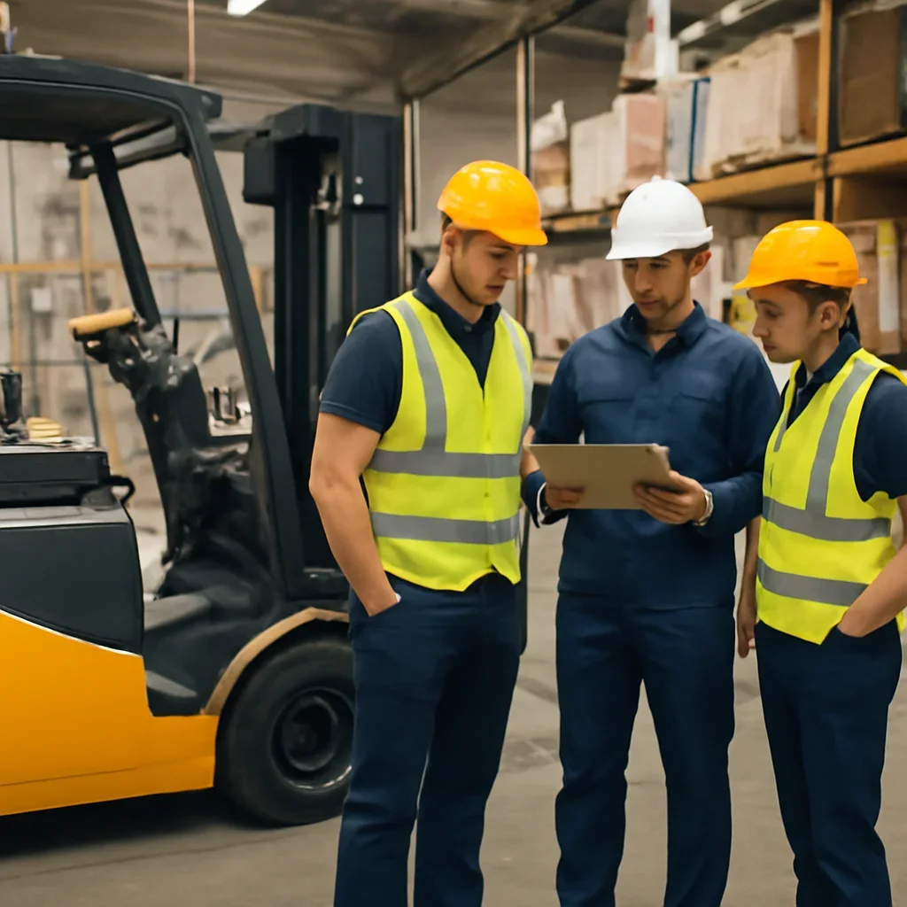 Warehouse team reviewing electric forklift service details beside electric forklift equipment