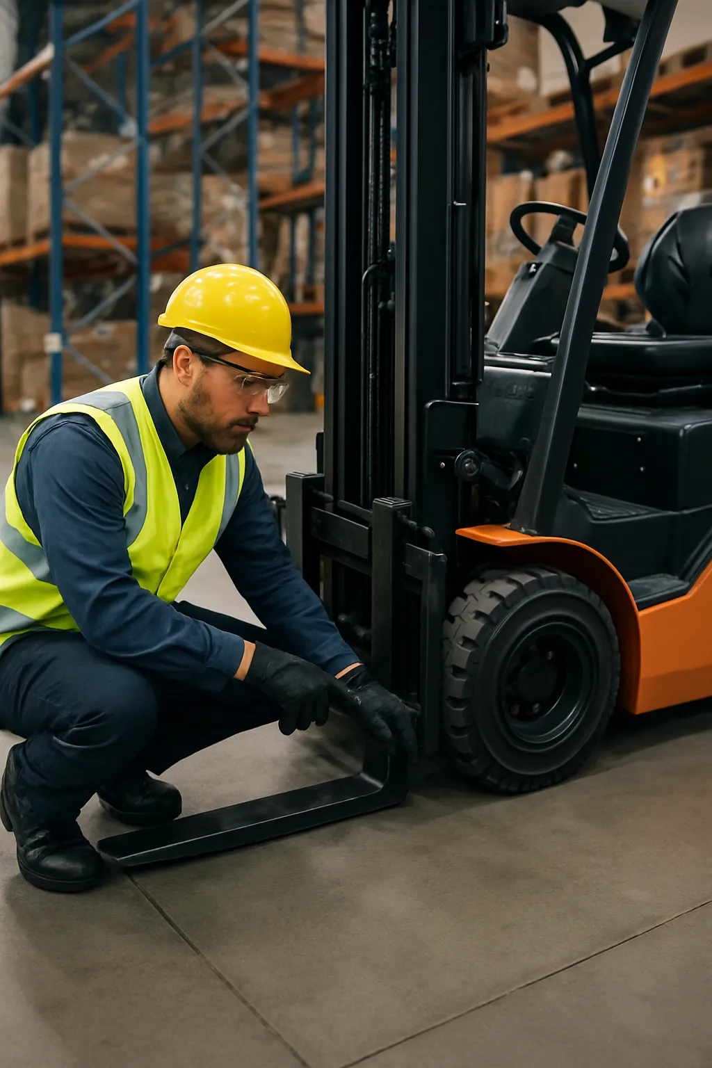 Operator completing an electric forklift pre-shift safety inspection