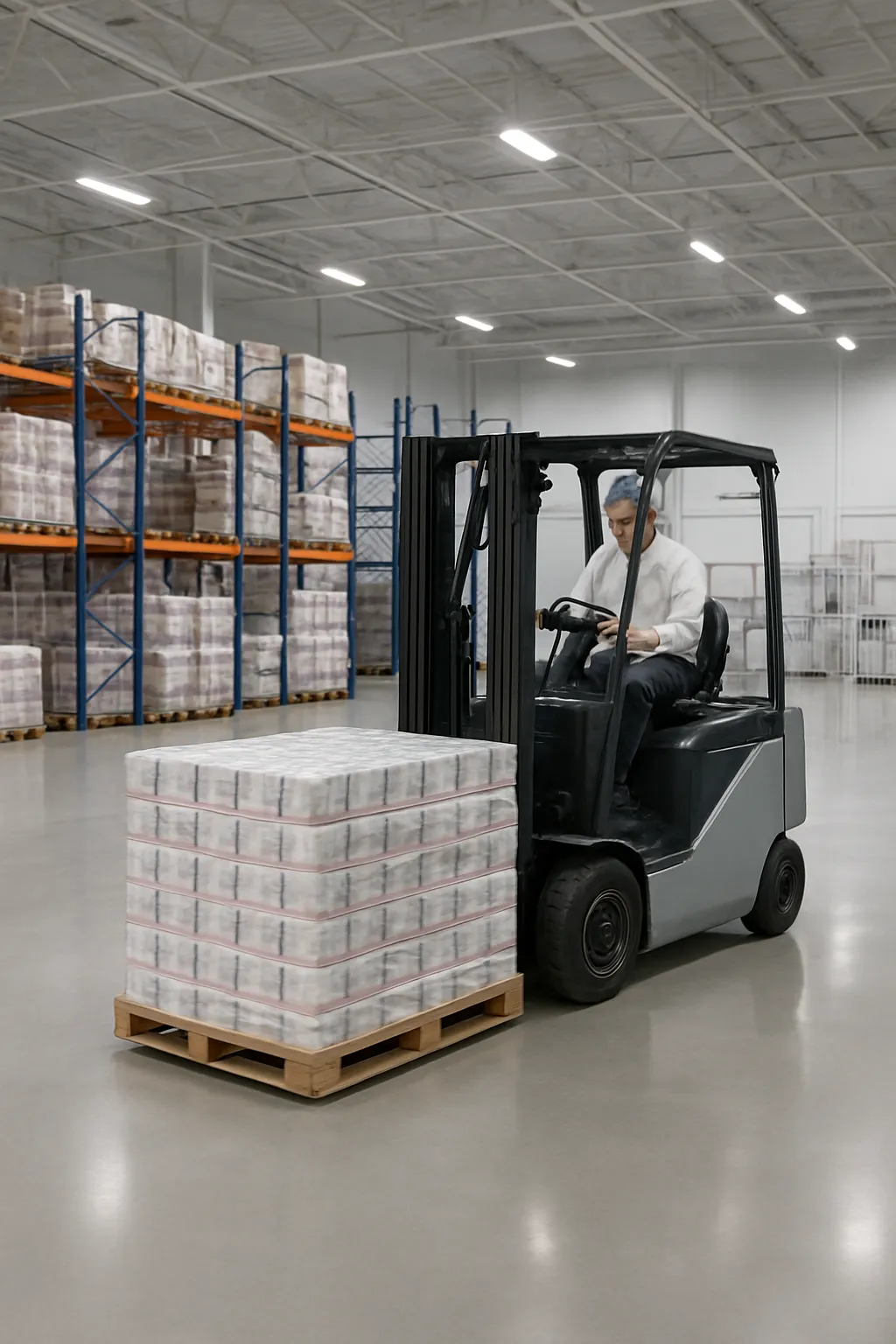 Electric forklift operating inside a clean food and beverage warehouse