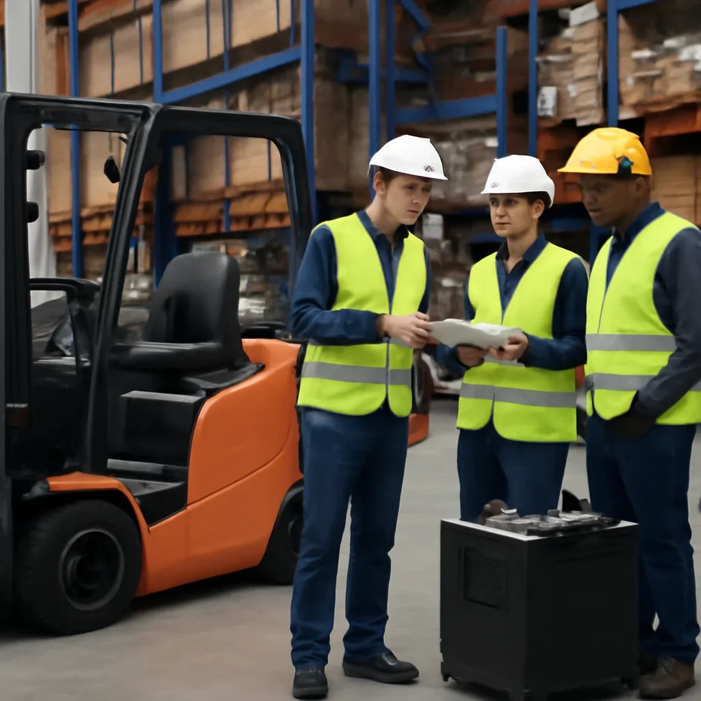 Warehouse team reviewing electric forklifts details beside electric forklift equipment