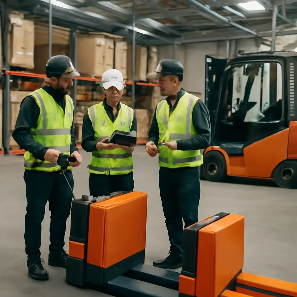Warehouse team reviewing electric pallet jacks details beside electric forklift equipment