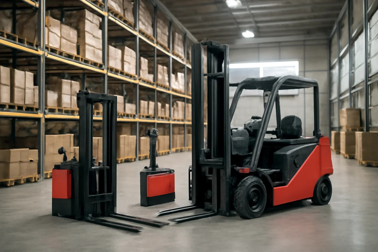 Electric pallet stackers planning scene with electric material handling equipment