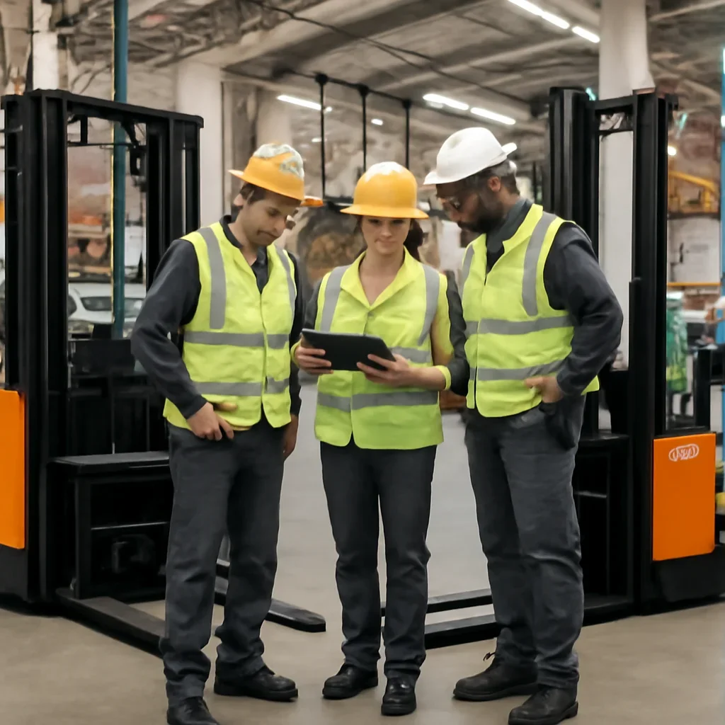 Warehouse team reviewing electric pallet stackers details beside electric forklift equipment