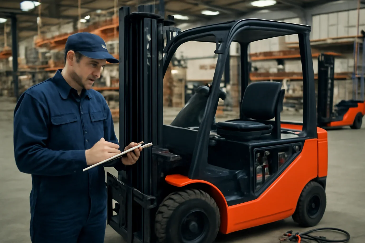 Emergency forklift repair planning scene with electric material handling equipment