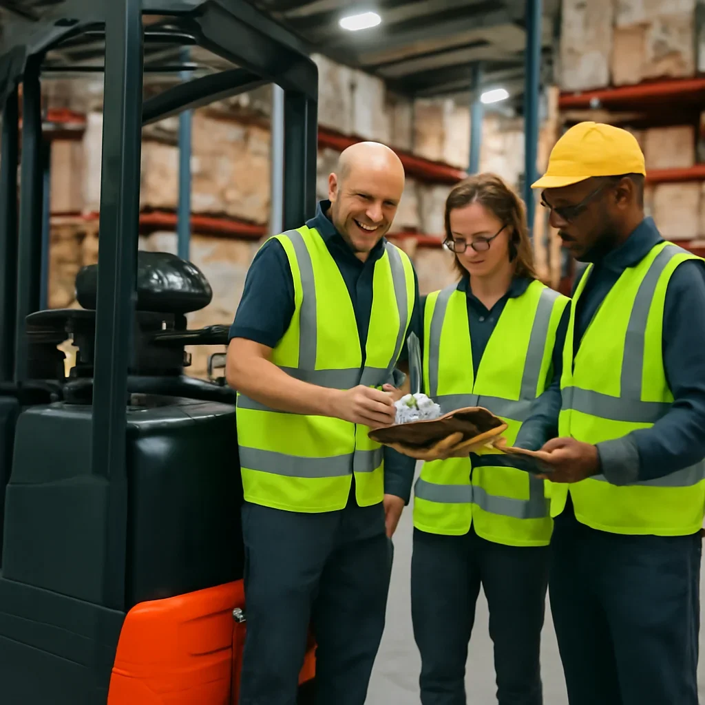Warehouse team reviewing emergency forklift repair details beside electric forklift equipment