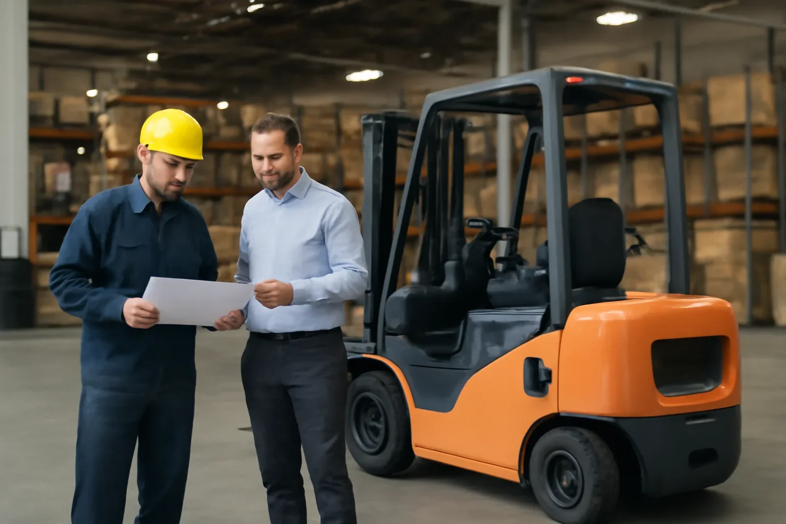 Operator and supervisor reviewing forklift options