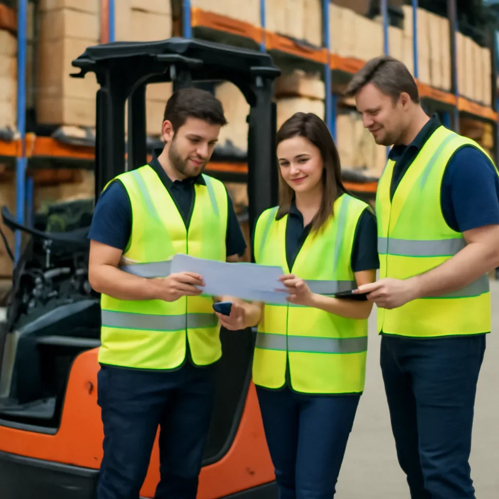 Warehouse team reviewing faq details beside electric forklift equipment